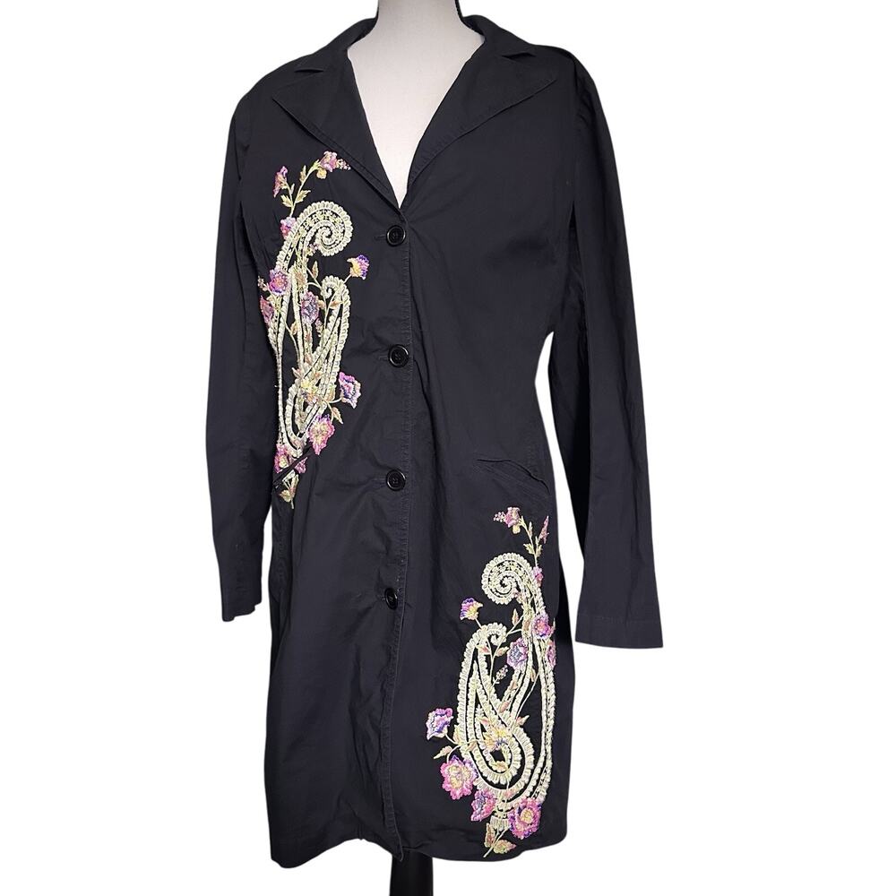 Johnny Was Floral Jacket XL Black Long Embroidered Multicolor Art Glam